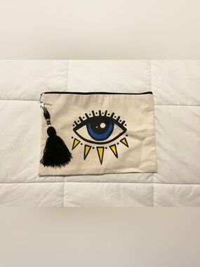 Canvas Eye Zip Pouch with Black Tassel - Blue & Yellow Eye Motif